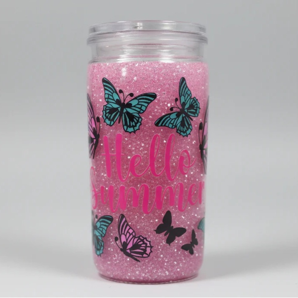 Pink “Hello Summer” Gemstone Butterfly Tumbler